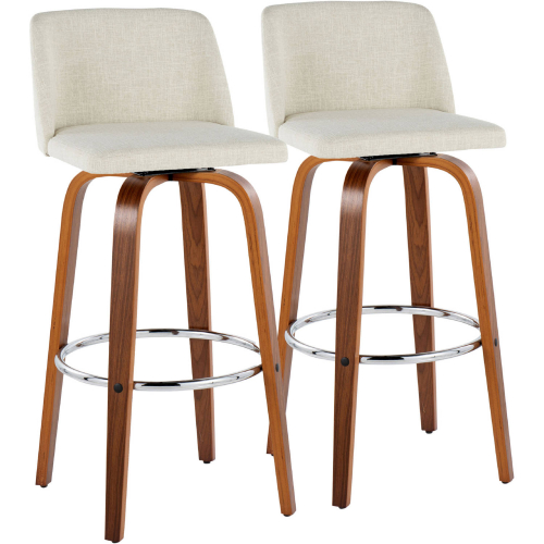 Toriano 30" Swivel Bar Stool in Walnut Wood & Cream Fabric with Chrome Footrest (Set of 2)